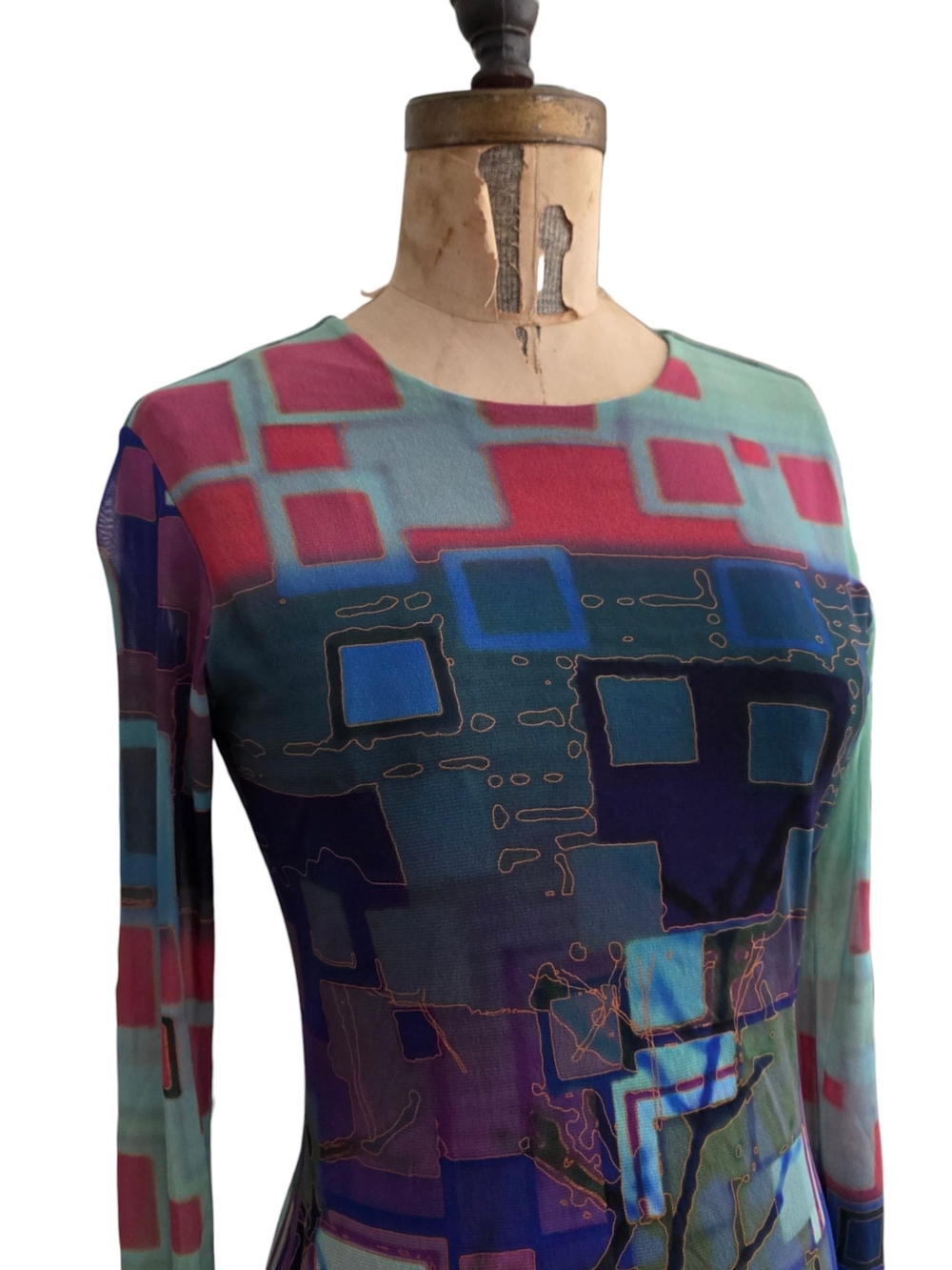 Petit Pois Abstract Landscape Print Long Sleeve Mesh Bodycon Dress M - Picture 2 of 4